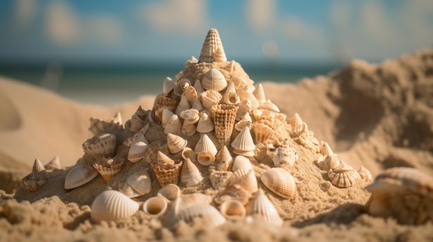 Eine Sandburg aus Muscheln am Strand