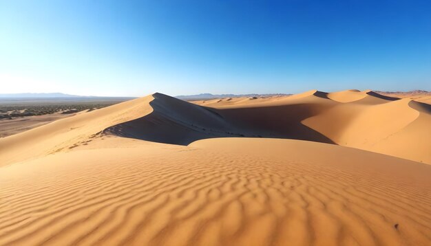 eine Sanddüne mit einem klaren blauen Himmel und einem Berg im Hintergrund