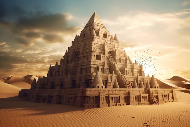 Eine Sandpyramide mit vielen kleineren Pyramiden im Hintergrund