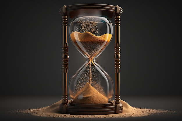 Eine Sanduhr mit Sand, eine antike Uhr, ein Timer mit transparentem Glas und Goldpartikeln. Generative KI