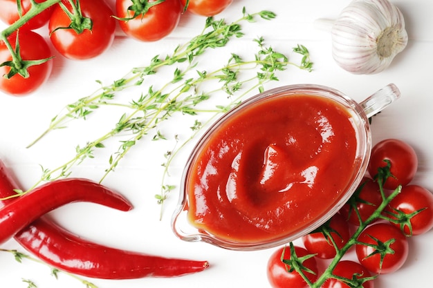 Eine Sauciere gefüllt mit köstlicher Tomatensauce ein Zweig der frischen Kirschtomaten Thymian frische Chili auf einem hölzernen Hintergrund Frischer Knoblauch closeup