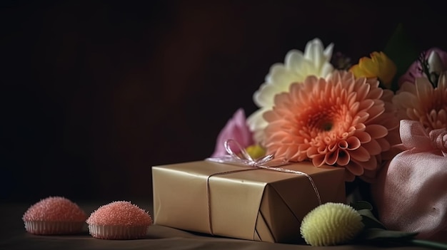 Eine Schachtel Blumen und ein Cupcake mit einem Blumenstrauß darauf