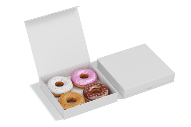 Eine Schachtel Donuts mit einer, die einen weißen Deckel hat.