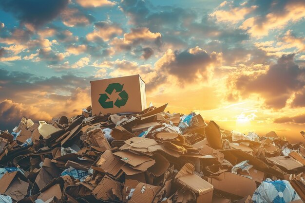 Eine Schachtel mit einem grünen Recycling-Symbol steht auf einem Müllhaufen