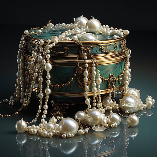 Eine Schachtel mit Perlen und Perlen darauf wird von Pearl hergestellt