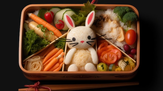 Eine Schachtel Sushi mit einem Hasen darauf