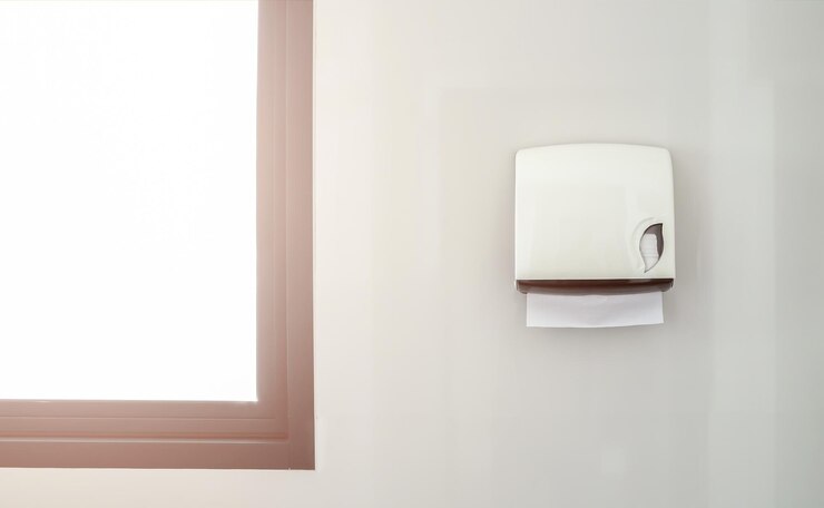 Eine Schachtel Toilettenpapier im Badezimmer auf weißem Hintergrund