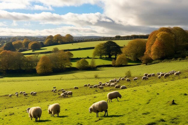 eine Schafherde weidet auf einem grünen Feld mit Bäumen im Hintergrund