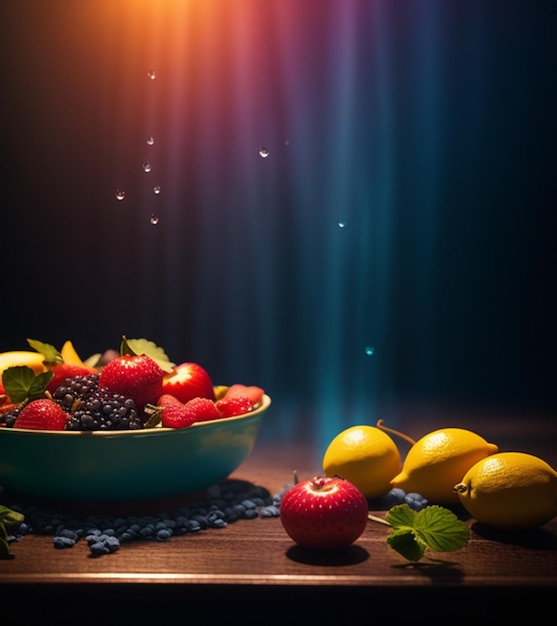 Eine Schale mit Obst und Beeren auf einem Tisch mit blauem Hintergrund und dem Licht dahinter.