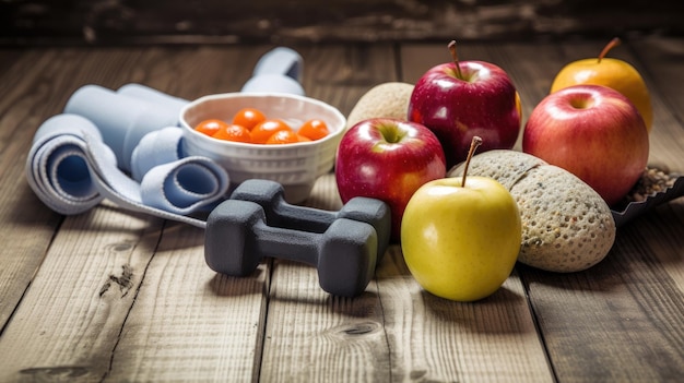 Eine Schale mit Obst und Hanteln auf einem Holztisch