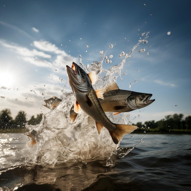 Eine Schar von Thunfischen spritzt, während sie über einem klaren blauen Himmel aus dem Wasser springen.