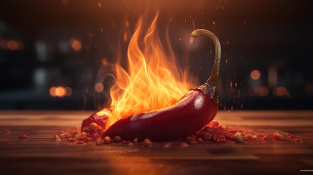 Eine scharfe Paprika brennt in Flammen mit den Flammen darauf.