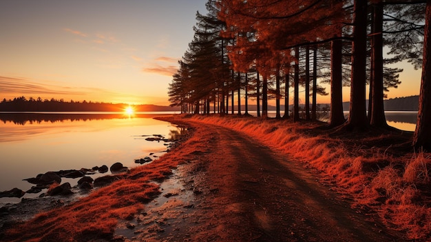 Eine scharfe Silhouette von Bäumen steht hoch gegen einen Winterhimmel während der goldenen Stunde des Sonnenuntergangs Der Kontrast zwischen den dunklen, komplizierten Zweigen und den warmen, weichen Farben der untergehenden Sonne