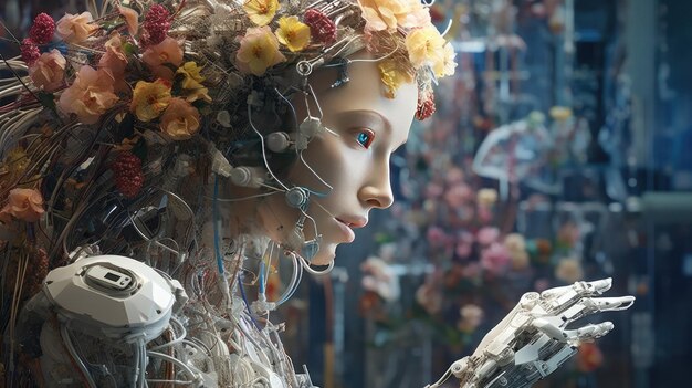 eine Schaufensterpuppe, die ein Kleid aus Blumen und Perlen trägt.