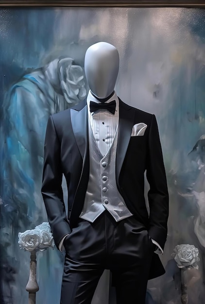 eine Schaufensterpuppe, gekleidet in einen schwarzen Smoking im Stil von hellem Silber und Indigo