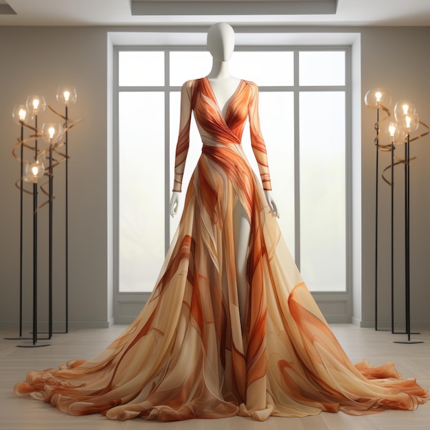 eine Schaufensterpuppe in einem orangefarbenen Kleid