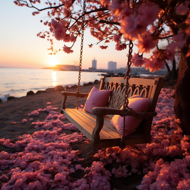Eine Schaukel am Strand bei Sonnenuntergang mit rosa Blumen