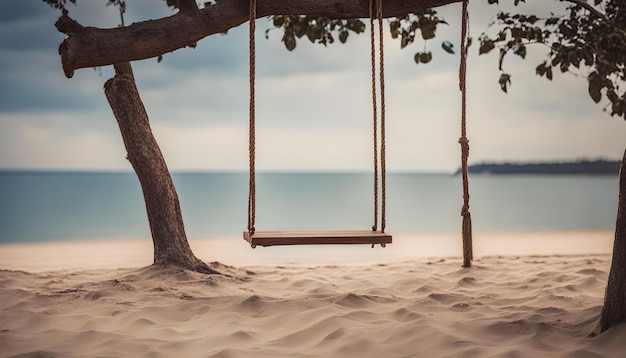 eine Schaukel an einem Strand mit einem Baum im Hintergrund