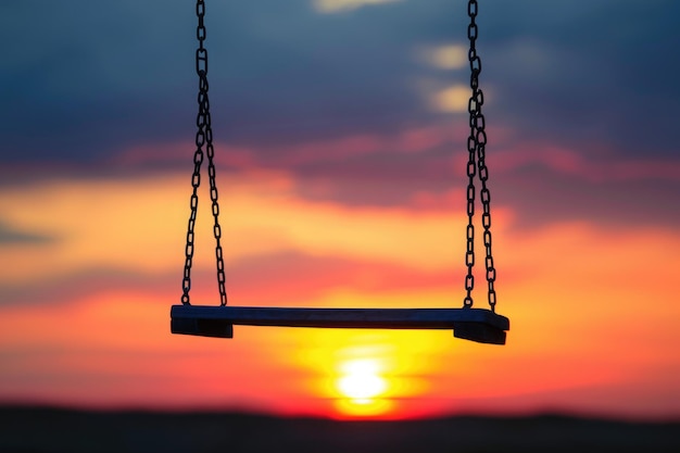 Foto eine schaukel, die an einem baum mit blick auf den ozean hängt, mit einem lebendigen sonnenuntergang im hintergrund, eine leere schaukel gegen einen nostalgischen sonnuntergang, ki-generiert