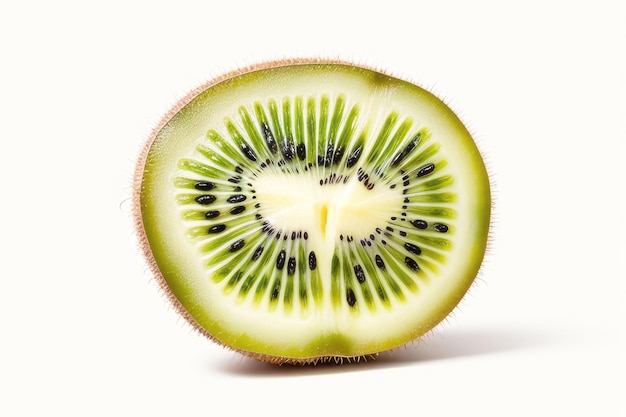 Foto eine scheibe einer reifen, lebendigen und leckeren fliegenden kiwi wird allein auf einem weißen hintergrund gezeigt