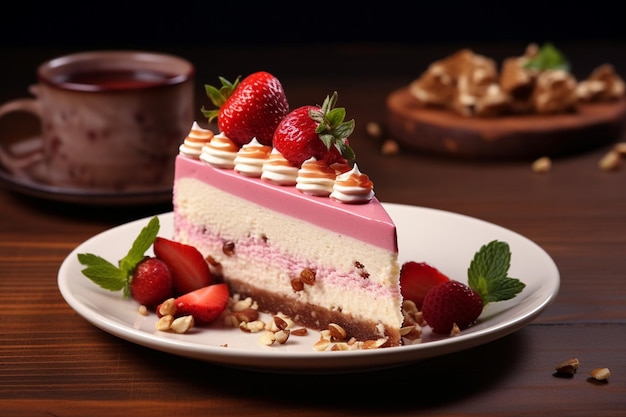 Eine Scheibe Erdbeeren-Vanille-Käsekuchen, geschmückt mit rosa Schokoladenfliesen auf einem Teller
