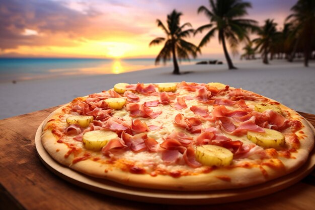 Foto eine scheibe hawaiianischer pizza wird weggezogen und zeigt den strahligen geschmolzenen käse