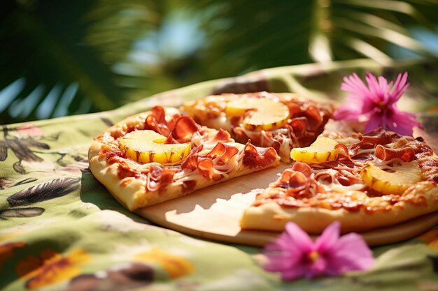 Foto eine scheibe hawaiianischer pizza wird weggezogen und zeigt den strahligen geschmolzenen käse