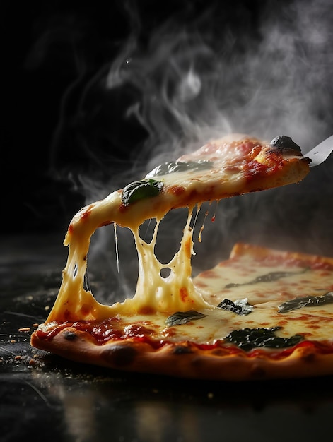 Eine Scheibe heiße italienische Pizza mit Streckkäse Pizza vier Käse mit Basilikum Generative KI