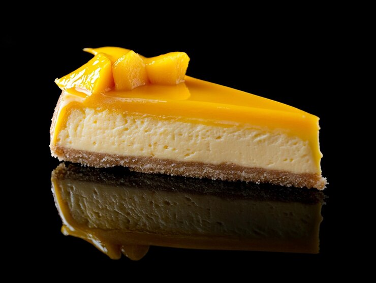eine Scheibe Käsekuchen mit einer Scheibe Käse auf der Oberseite