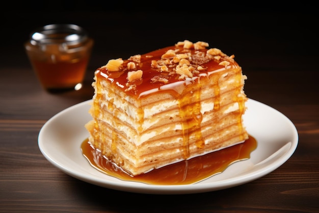 Eine Scheibe köstlicher, geschichteter Honigkuchen, der auf einem Holztisch serviert wird