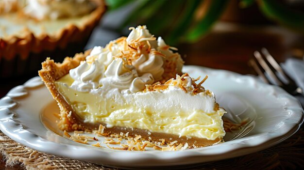 Eine Scheibe köstlicher Kokosnusscreme-Torte auf einem Teller