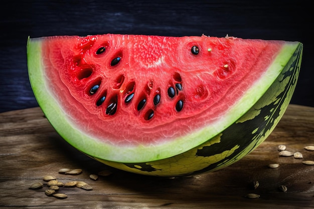 Eine Scheibe Wassermelone liegt auf einem Holztisch.