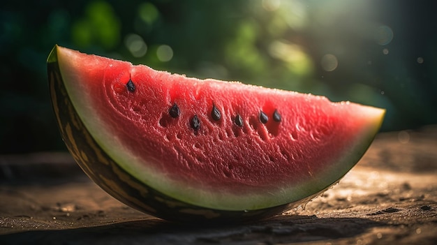 Eine Scheibe Wassermelone liegt auf einem Holztisch.