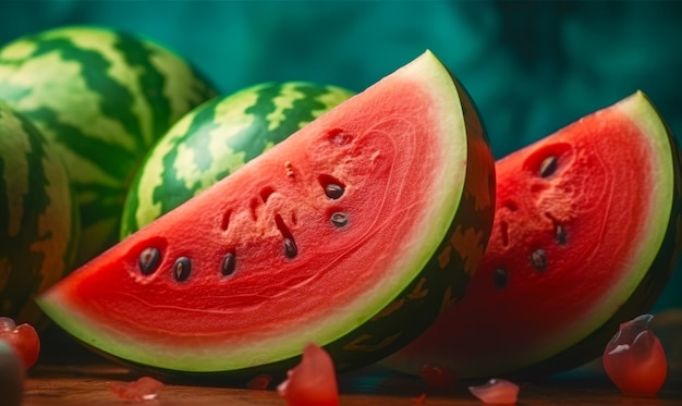 Eine Scheibe Wassermelone neben einer ganzen Wassermelone auf dem Tisch. Generative KI