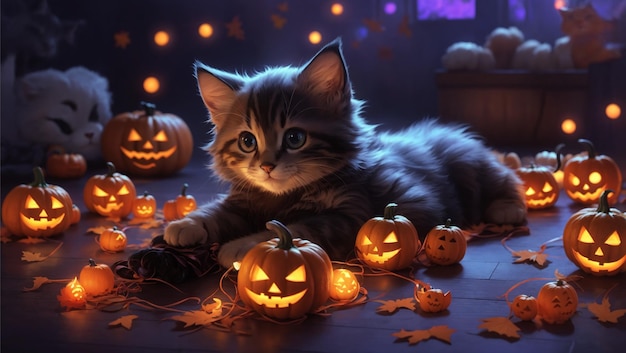 Eine schelmische Katze spielt mit einem bösen Grinsen mit Halloween-Dekorationen herum