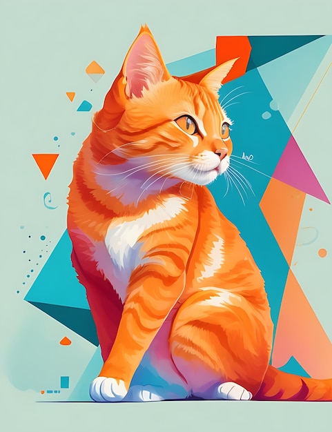 Eine schelmische orangefarbene Katze, die sich gegen einen minimalistischen geometrischen flachen Hintergrund entspannt