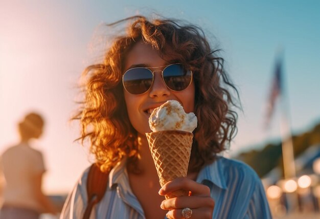 Eine schicke Frau mit Sonnenbrille genießt während der Sommersaison ein von KI generiertes Eis