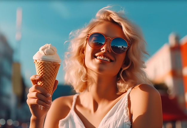 Eine schicke Frau mit Sonnenbrille genießt während der Sommersaison ein von KI generiertes Eis