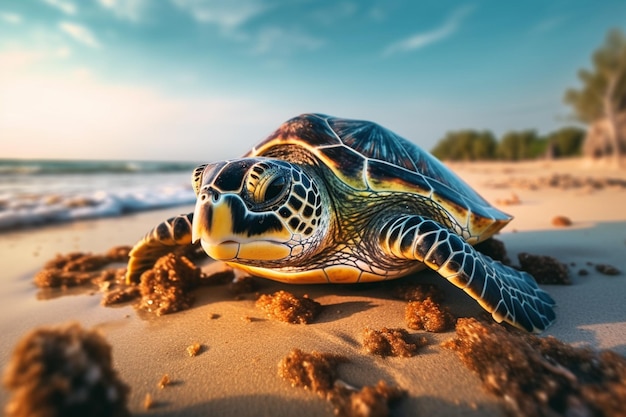 Eine Schildkröte am Strand, hinter der die Sonne untergeht