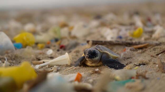 Eine Schildkröte an einem Strand mit Müll und Plastikflaschen.