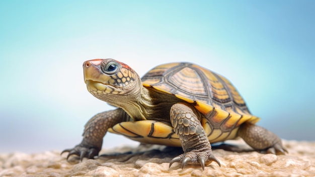 Eine Schildkröte auf einem Felsen mit blauem Hintergrund