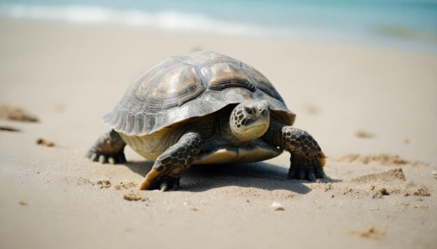 eine Schildkröte, die am Sandstrand spazieren geht