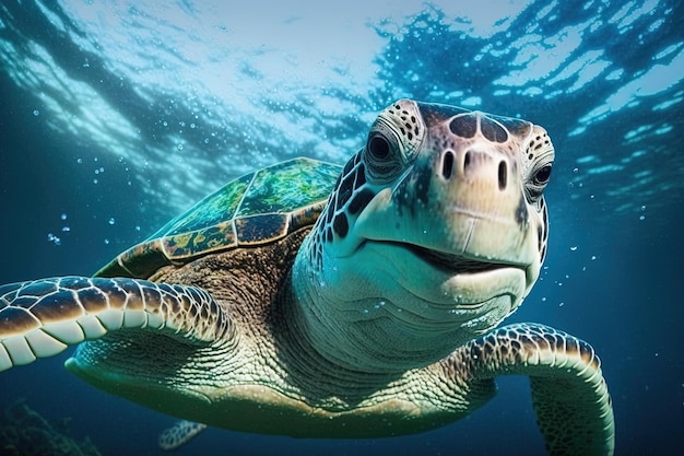 Eine Schildkröte, die im Ozean mit den Wörtern Meeresschildkröte auf der Unterseite schwimmt.