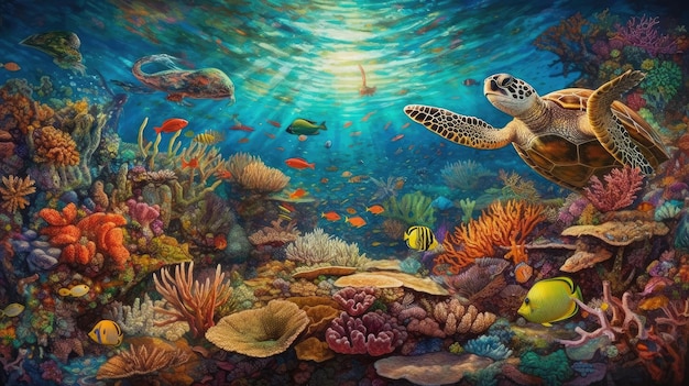 Eine Schildkröte, die in einem Korallenriff schwimmt, um das herum ein Fisch schwimmt.