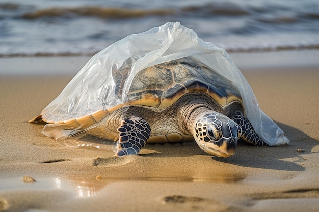 Eine Schildkröte, die in einer Plastiktüte am Strand gefangen ist Das Konzept einer ökologischen Katastrophe