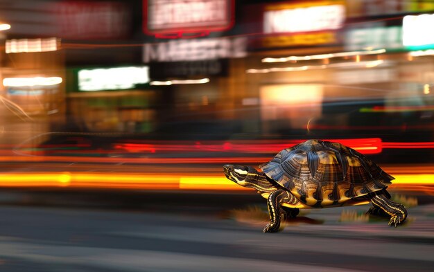 Foto eine schildkröte eilt durch den städtischen verkehr