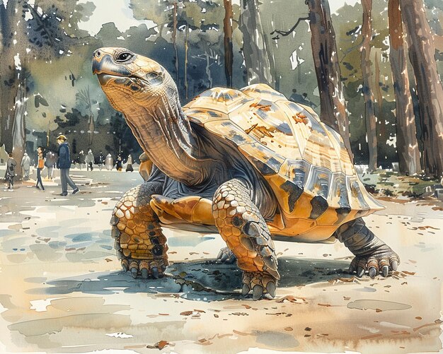 Eine Schildkröte in einem Park steht und navigiert ein Handy mit Kindern, die im Hintergrund spielen