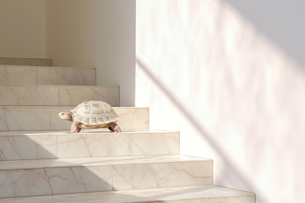 Eine Schildkröte klettert die Treppe hinauf Fortschrittskonzept