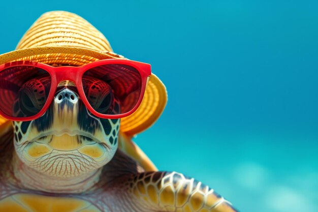 Eine Schildkröte mit Brille und Hut entspannt sich an einem tropischen Strand