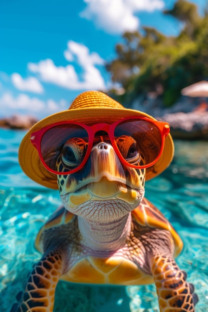 Eine Schildkröte mit Brille und Hut entspannt sich an einem tropischen Strand